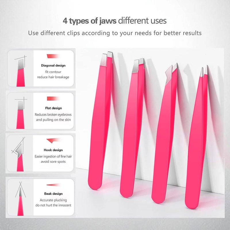 Derlaier Tweezers Set Professional High Precision Stainless Steel Eyebrow Remover Ingrown Hair & Splinter Removal Kit Facial Hair Grooming Tools for Men Women Pink 4 Pcs