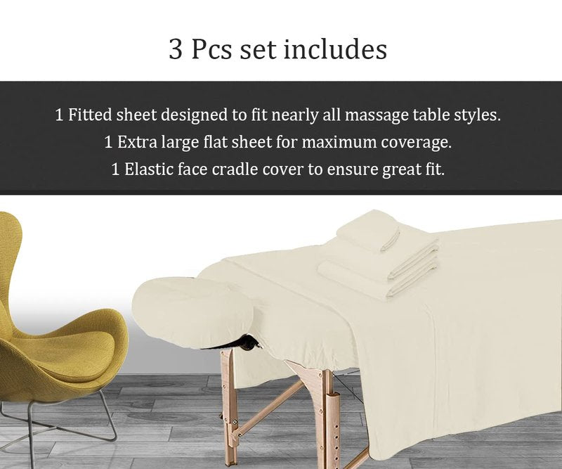 Microfiber Massage Table Sheets Sets 3 Pcs Premium Massage Table Cover Includes Flat, Fitted Massage Sheets Sets & Face Cradle Cover, Soft Massage Bed Cover - Natural Massage Bed Sheets
