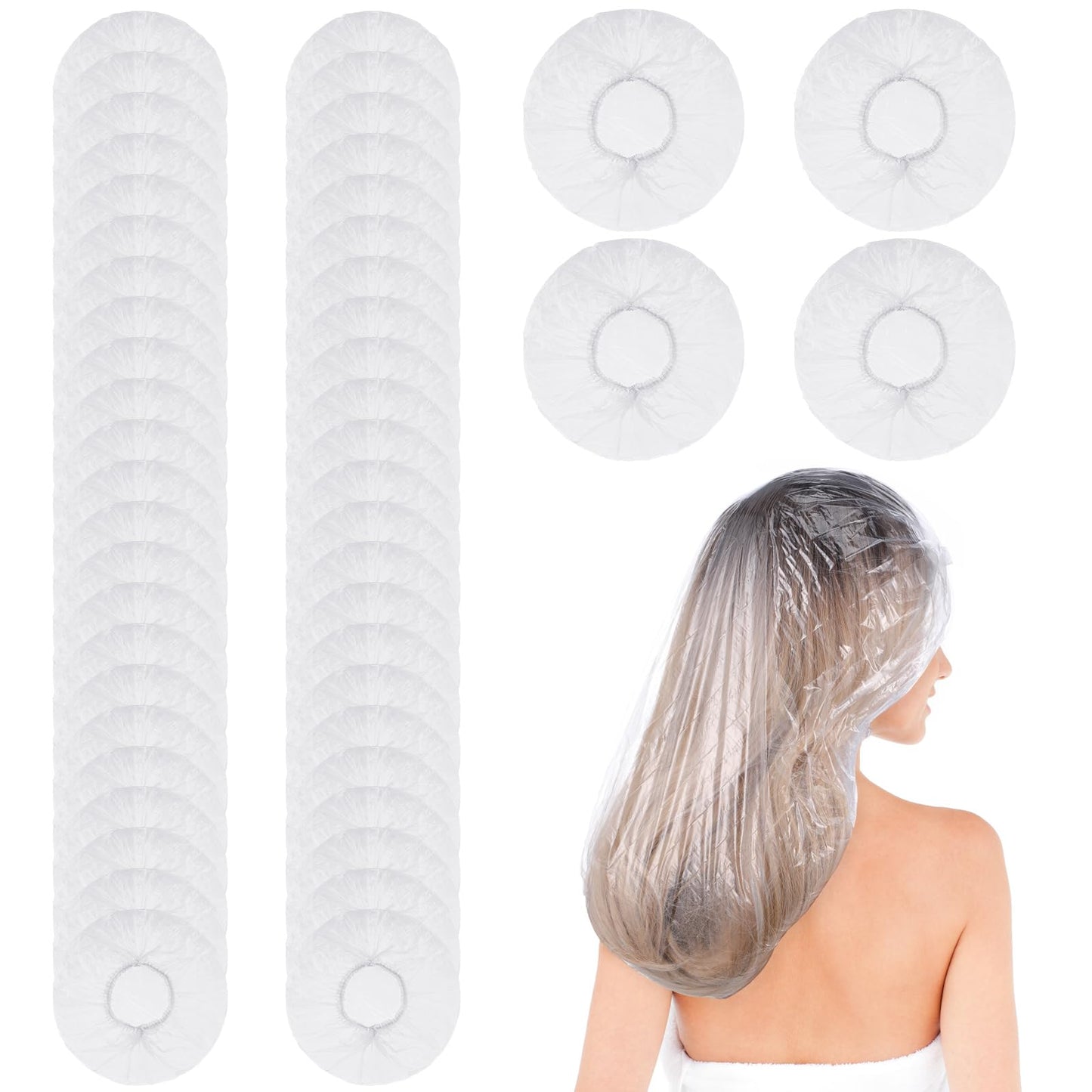 50 Pcs Large Disposable Shower Caps, Waterproof Clear Plastic Shower Cap Elastic Hair Caps for Women Long Hair, Locs, Braids, Disposable Bath Caps for Travel Spa, Hair Salon, Home Use
