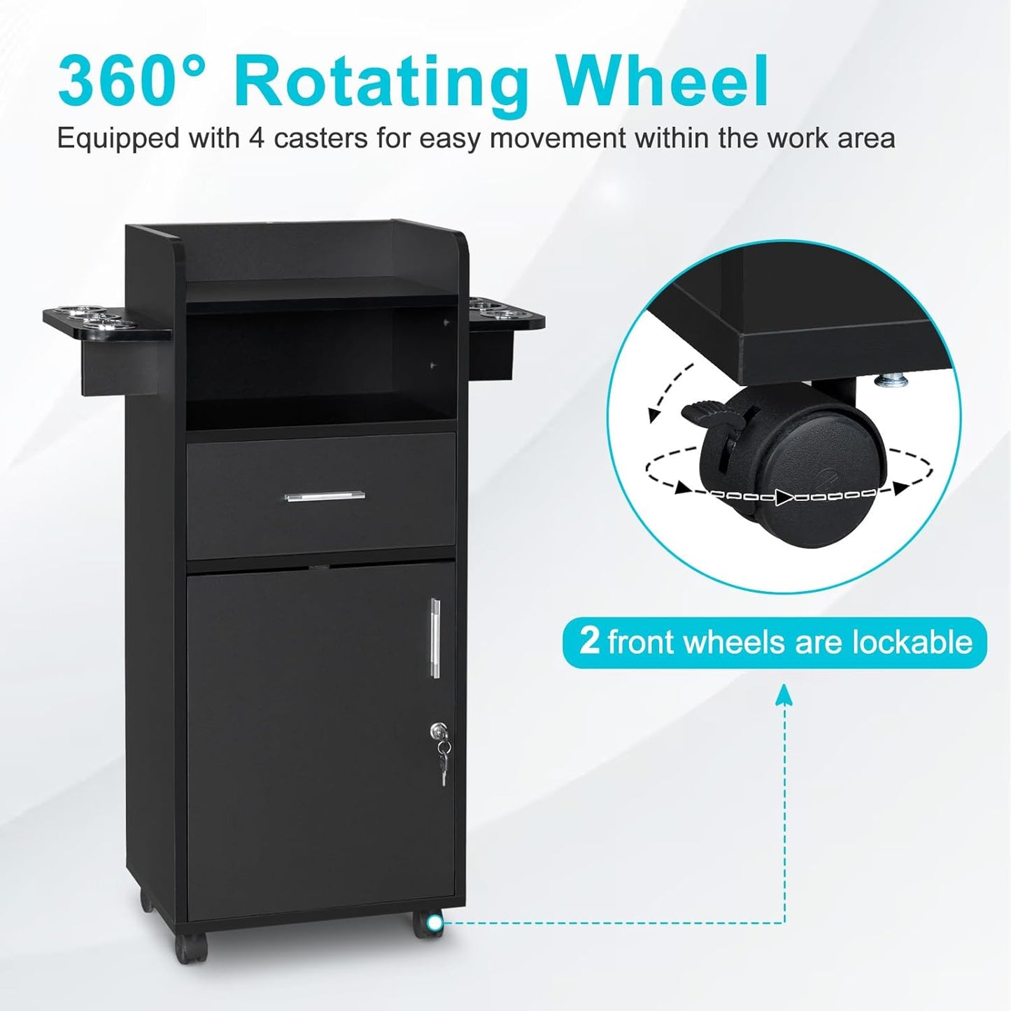 Winado Beauty Salon Trolley Cart - Rolling Salon Station with 360° Wheels, 6 Tool Holders & 1 Drawer | Black