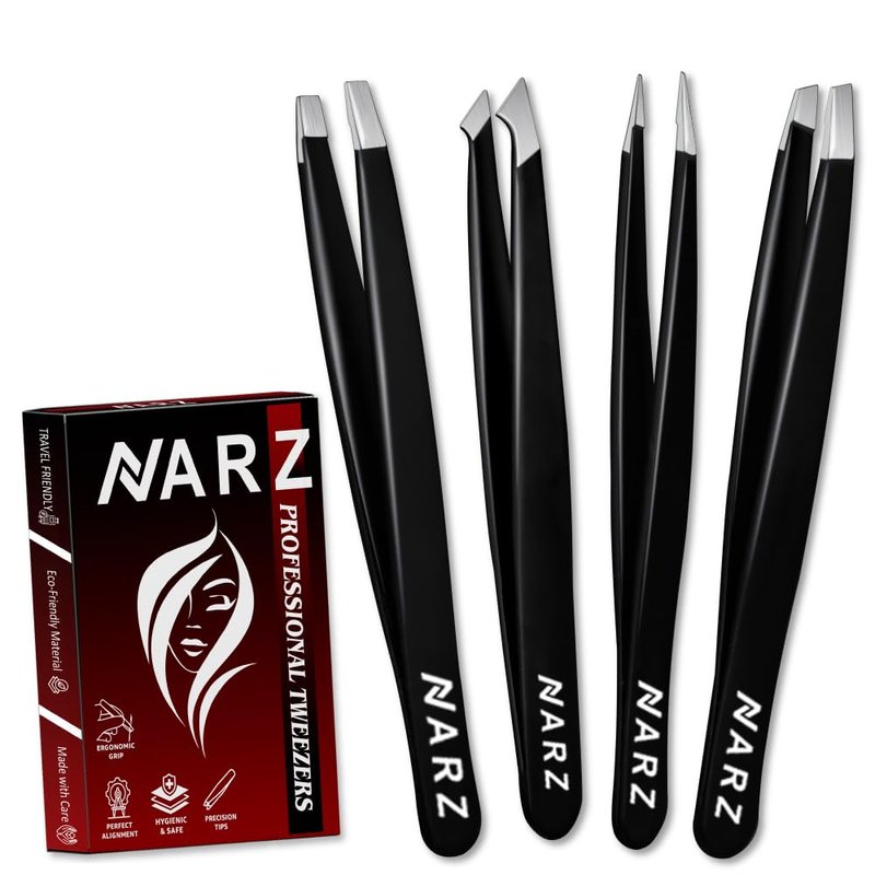 NARZ Professional Stainless Steel Tweezers Set - Precision Facial Hair & Eyebrow Tweezers for Men & Women | Black 4-Piece Set