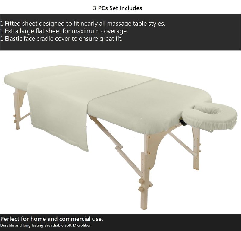 Shreem Linen Microfiber Massage Sheet Set 3-Piece for Massage Tables, Includes Massage Flat Sheet, Massage Fitted Sheet, and Massage Face Cradle Cover for Beauty Salon Spa, Ivory
