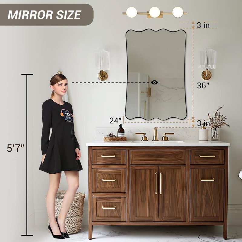 ANDY STAR 24x36 Wavy Rectangle Bathroom Mirror, Matte Black Scalloped Mirror with Curved Design, Irregular Wall Mirror for Vanity, Powder Room, Stainless Steel Frame, Anti-Rust