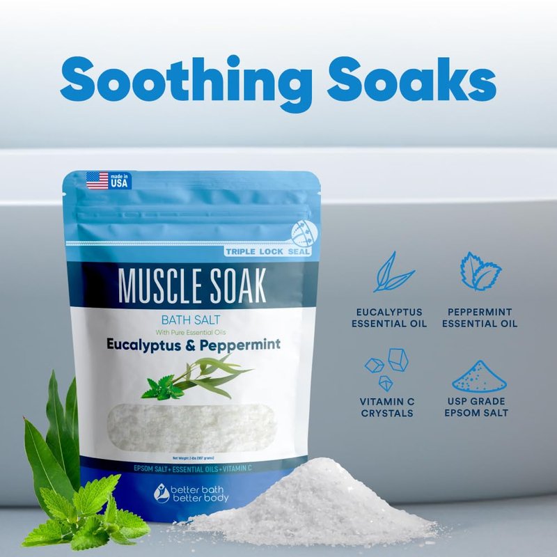 Muscle Soak Bath Salt 128 Ounces Epsom Salt with Natural Peppermint and Eucalyptus Essential Oils Plus Vitamin C in BPA Free Pouch with Easy Press-Lock Seal