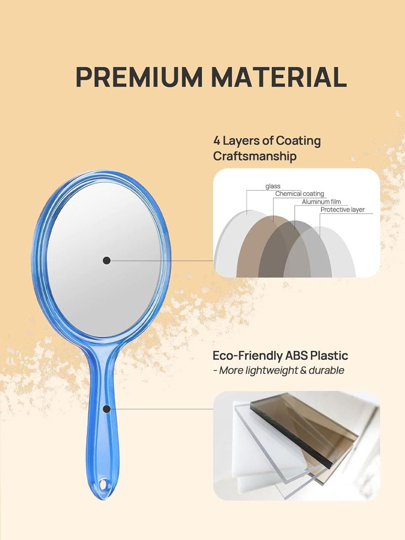 OMIRO Hand Mirror - Double-Sided 1X/3X Magnifying Handheld Mirror with Handle | Transparent Blue