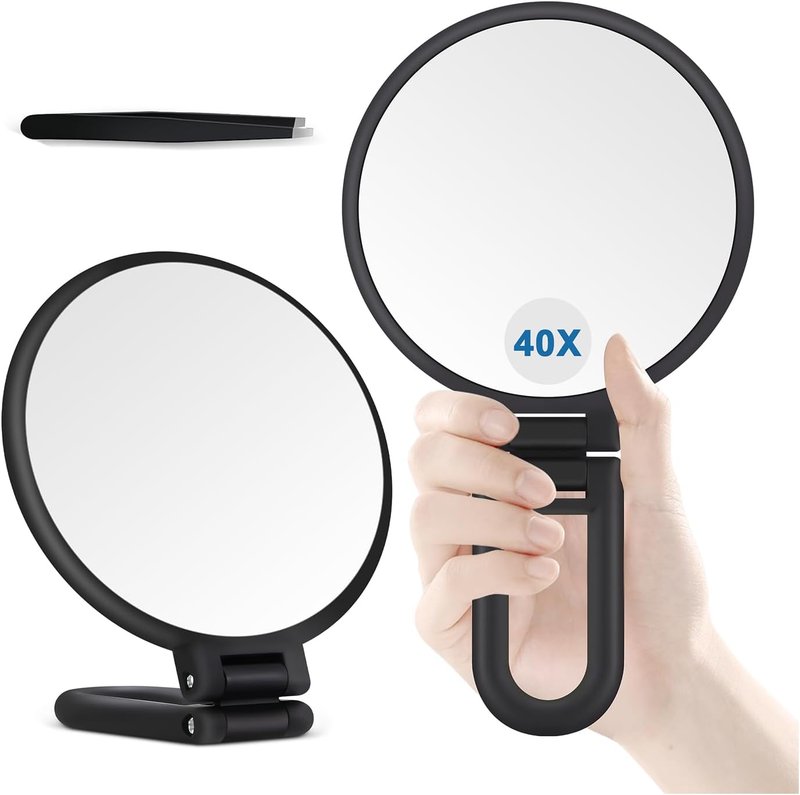 B Beauty Planet 40X Magnifying Hand Mirror - Double-Sided, Portable & Foldable | Ideal for Makeup, Black