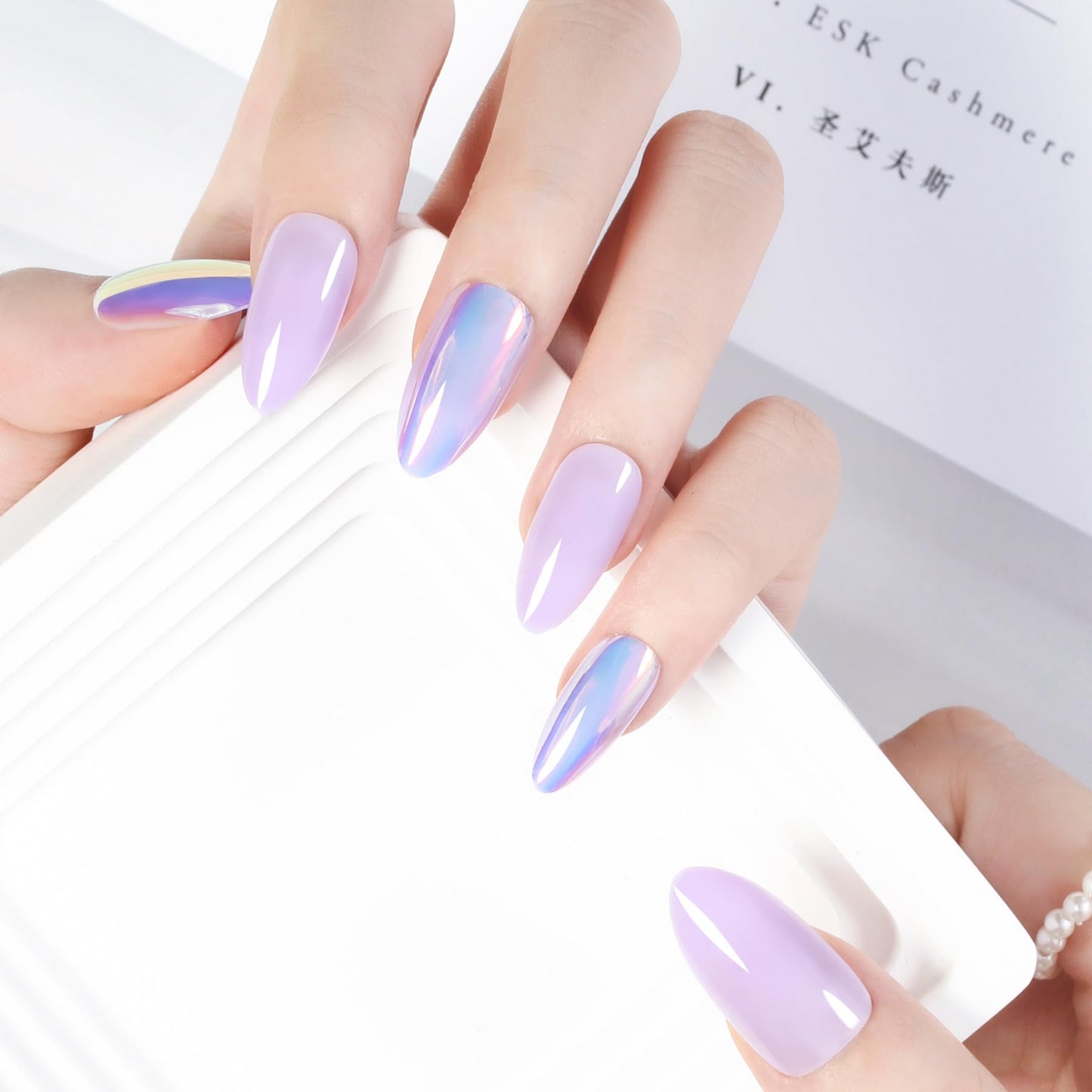 Withered Hnad Press On Nails - Semi-Transparent Glitter Short Almond False Nails, Reusable Stick On Fake Nails with Glue | Salon Quality - 24 Nails Kit