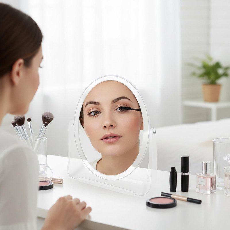A AIKOOL 5X Magnifying Travel Mirror, Double Sided 1X/5X Stand Up Makeup Mirror for Desk, 360° Swivel Tabletop Design