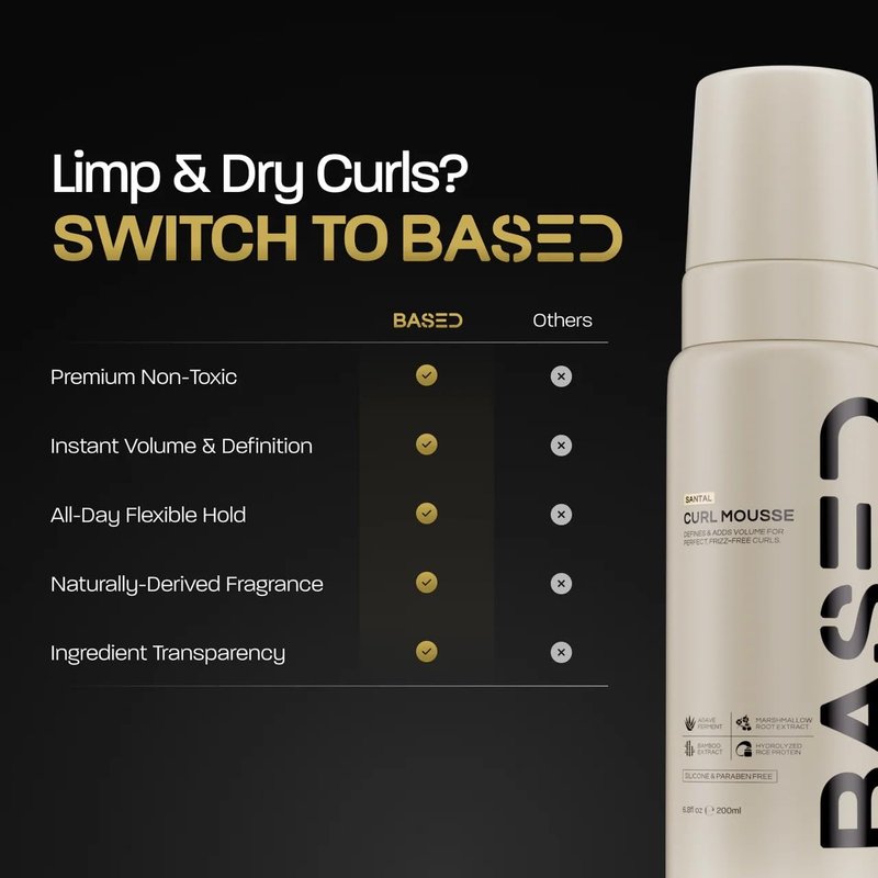 BASED Curl Mousse - Instant Volume & Definition with Flexible Hold - Lightweight Formula with Agave & Rice Protein - Non-Toxic, Silicone Free for All Curl Types (6.8 fl oz, Pack of 1)