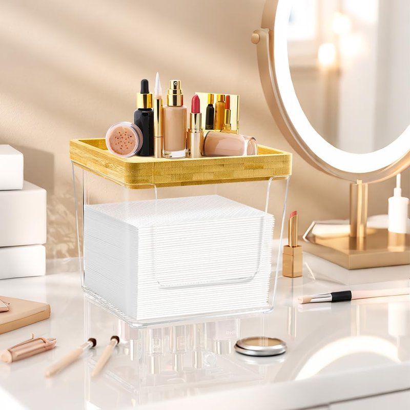 GRETJOB Acrylic Face Towel Holder Box - XL Storage Container with Bamboo Lid for Bathroom & Vanity