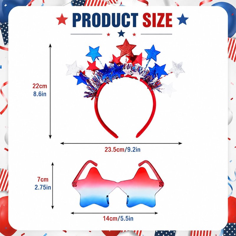 4th of July Patriotic Accessories Set - Star Headband & Gradient Star Sunglasses | Red, White & Blue