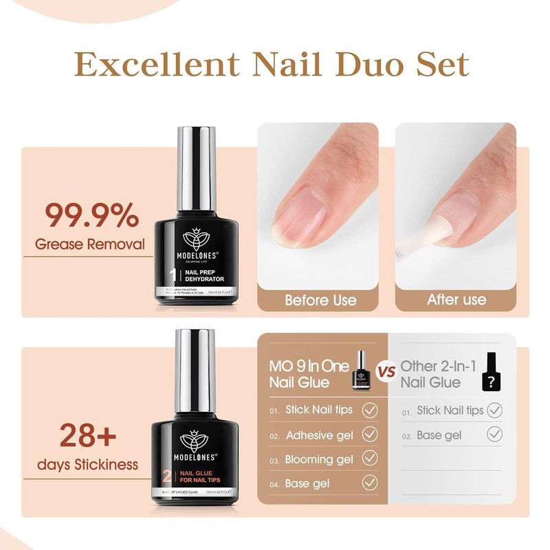 Fake Nail Tips - 510 Pcs Almond Shape Medium Clear | 15 Sizes with 9-in-1 Gel Nail Glue & Prep Dehydrator