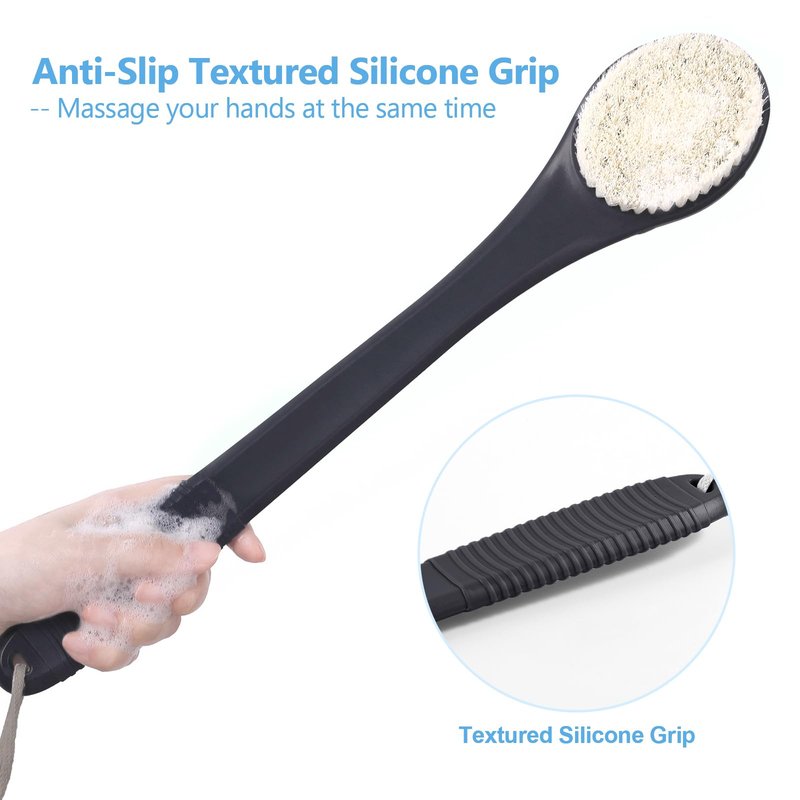 ROLIZOE 17-Inch Back Scrubber for Shower, Anti-Slip Exfoliating Body Brush for Bath, Gentle Back Brush for Shower for Men, and Women, Cleaning Skin for Smooth, Glowing Skin (Black)
