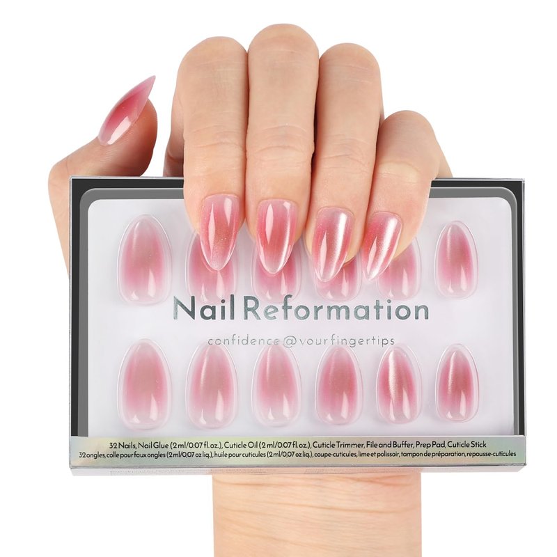 Nail Reformation Press On Nails, Sakura | Blushing Pink Ombre Short Almond Fake Nails with Velvet Finish, Salon Quality, Reusable Stick On Nails in 16 Sizes - 32 Nail Kit with Glue, Gifts for Women