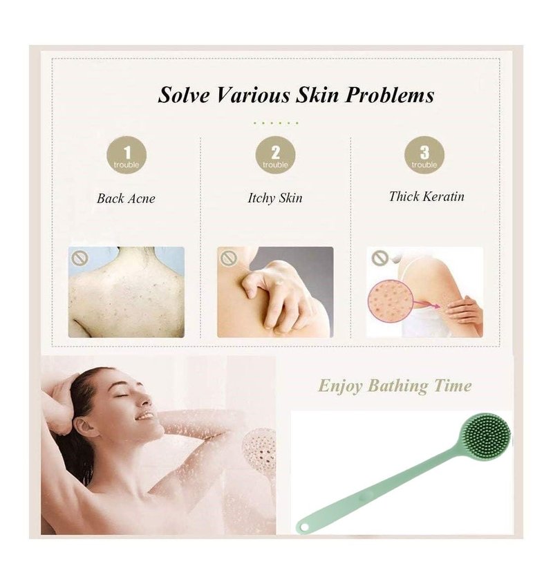 Cinlitek Silicone Body Scrubber - Long Handle Exfoliating Shower Brush for Men, Women & Kids - Free Hook