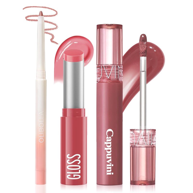 3 Pack Lip Combo Set - Matte Lip Liner Pencil + Hydrating Tinted Lip Balm + Plumping Lip Gloss, Non-Sticky, Long-Lasting, 3-in-1 Lip Makeup Kit for Plump, Hydrated & Glossy Lips (Sweet Fig Set)