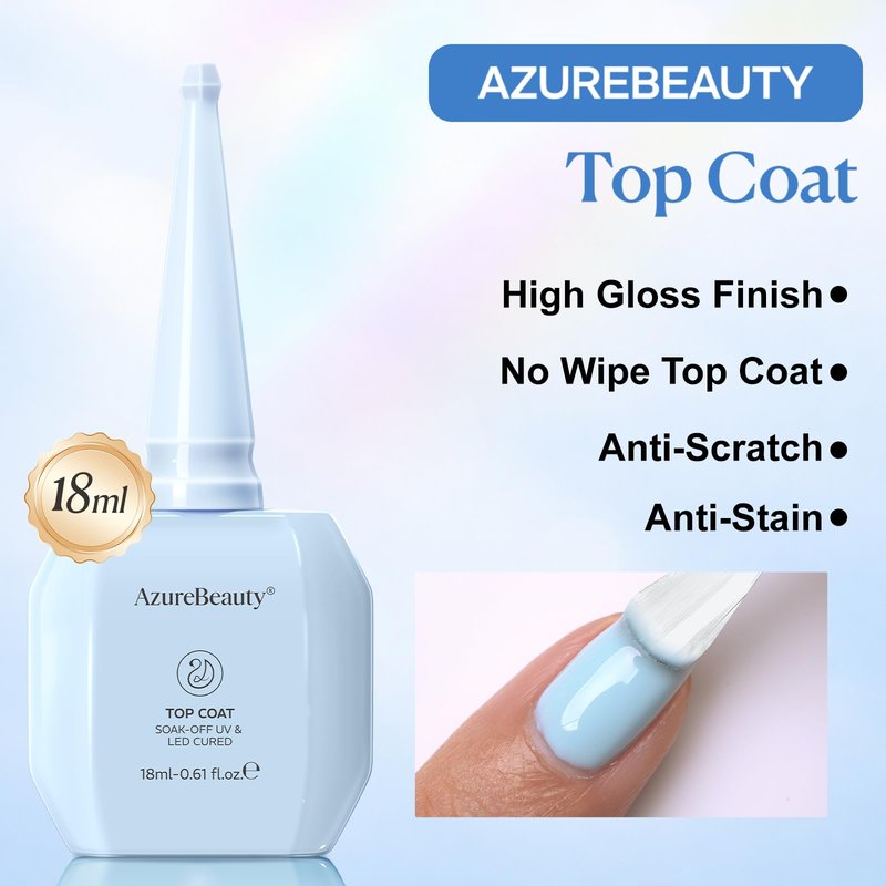 AZUREBEAUTY 18ml Gel Top Coat No Wipe High Gloss Gel Nail Polish Clear Top Coat Long Lasting Shine Finish Soak Off UV LED Nail Lamp for Manicure
