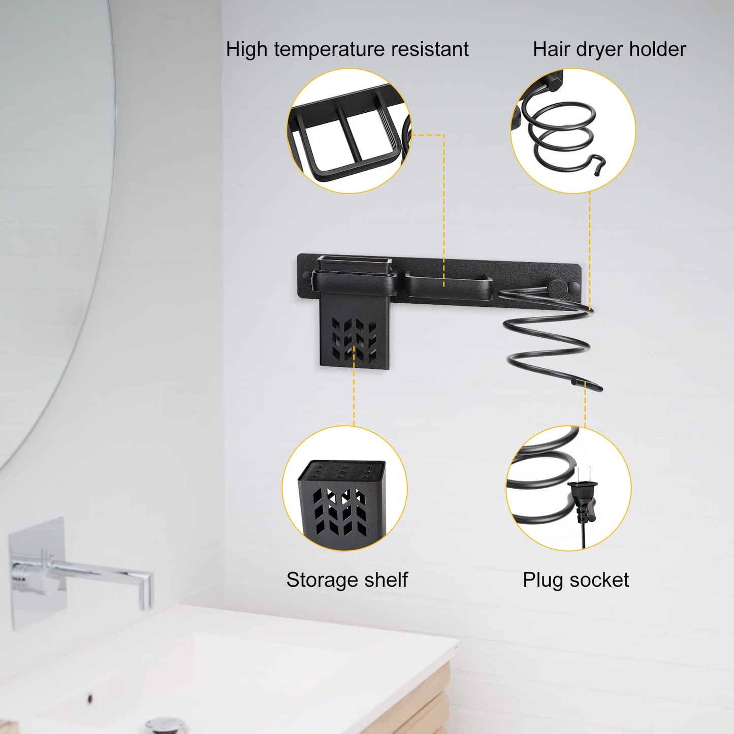 YUET Hair Dryer Holder Hairdryer Station Wall Mounted Shelf Bracket Straightener Stand Hanger Organizer Blow Storage w/Cable Tidy Rack For Dressing Table Bathroom Aluminum Professional,Black With Cup