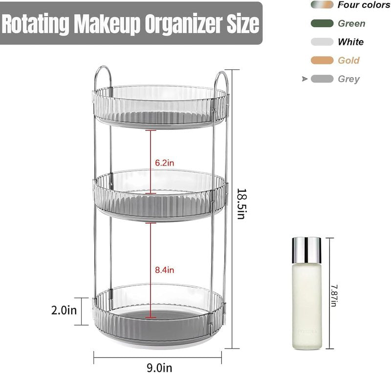 Skiennix 360 Rotating Makeup Organizer - High-Capacity Vanity & Bathroom Storage | 3-Tier Grey Rack