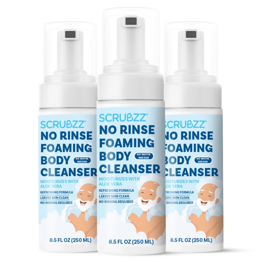 Scrubzz No Rinse Body Wash for Elderly, Gentle 8.5 fl oz Rinse Free Cleansing Foam for Waterless Bathing Men and Women, Great for Hospital Stays, Post Surgery, Camping, Gym and Post Workout - 3 Pack