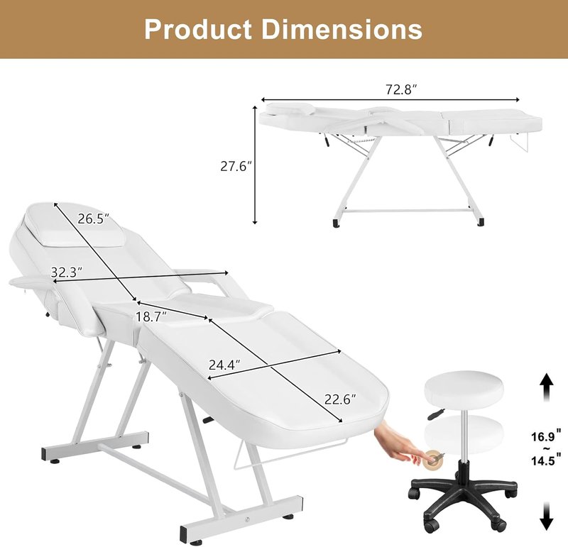 Massage Chair for Tattoo & Esthetician | Hydraulic 3-Section Facial Bed, Adjustable Spa Equipment - White