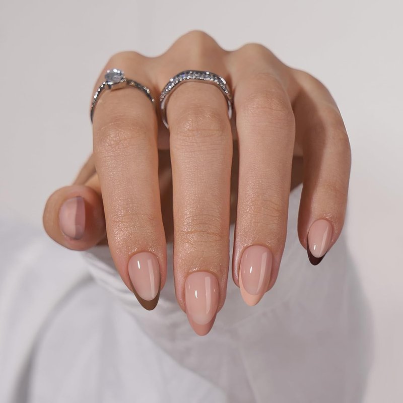 Press On Nails - Short Almond French Tip Design | Reusable Gel Nail Kit with Natural Glue - 32 Pieces in Morning Coffee