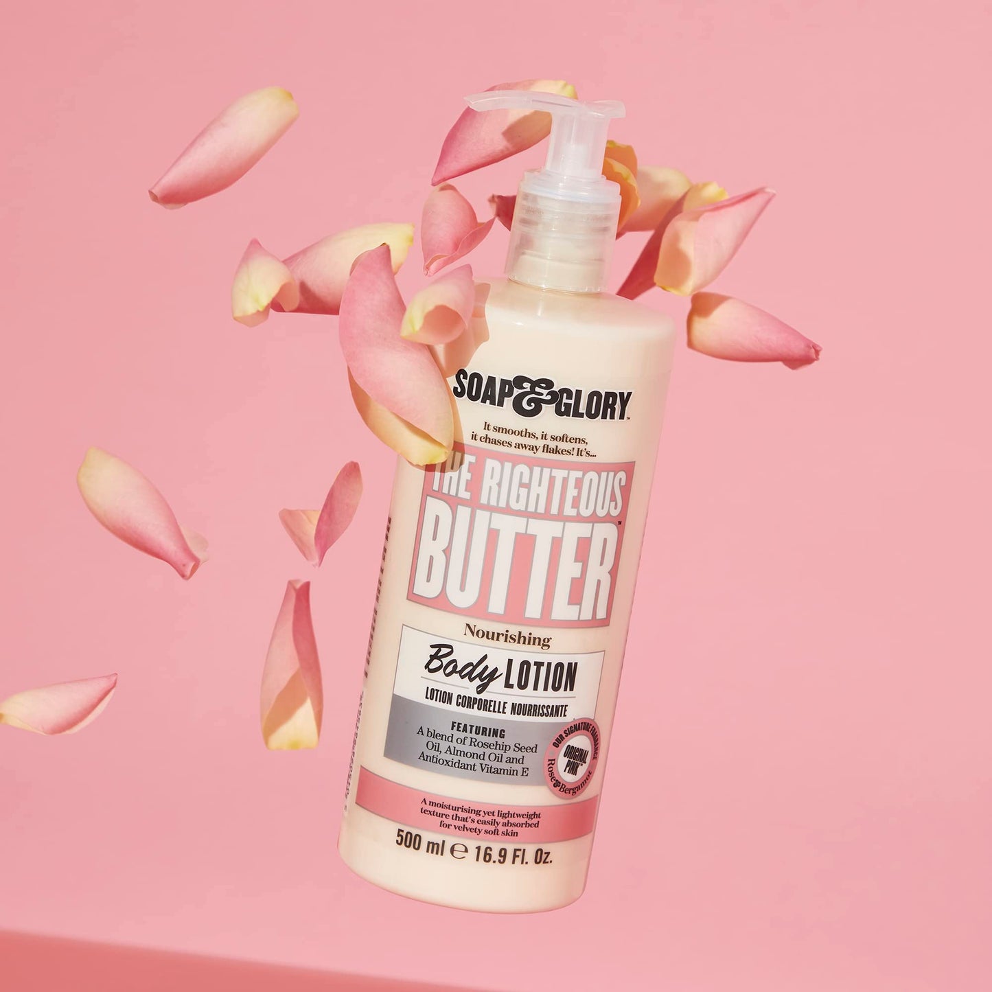 Soap & Glory Original Pink Moisturizing Body Lotion Pump - Lightweight Body Moisturizer for Dry Skin - With Shea Butter, Vitamin E & Aloe Vera for Soft, Hydrated Skin - Rose & Bergamot (16.9 fl oz)