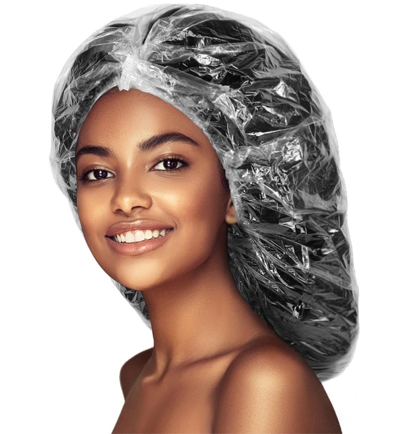 Jeffbaubl 100 PCS Disposable Shower Caps, Large Thick Plastic Hair Cap, Waterproof Shower Cap for Women, Clear Elastic Bath Caps for Home Hair Salon Hair Treatment Travel Spa Hotel