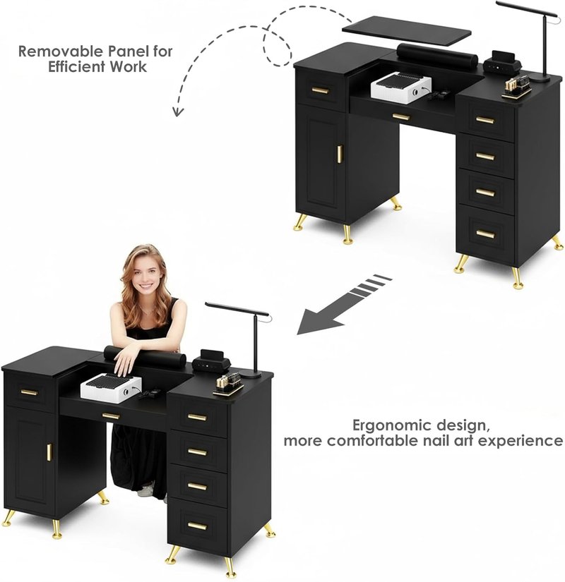 Manicure Table with Removable Panel, Nail Tech Desk with Dust Collector, Drawers & Storage, Nail Station for Salon or Home Studio (Black)