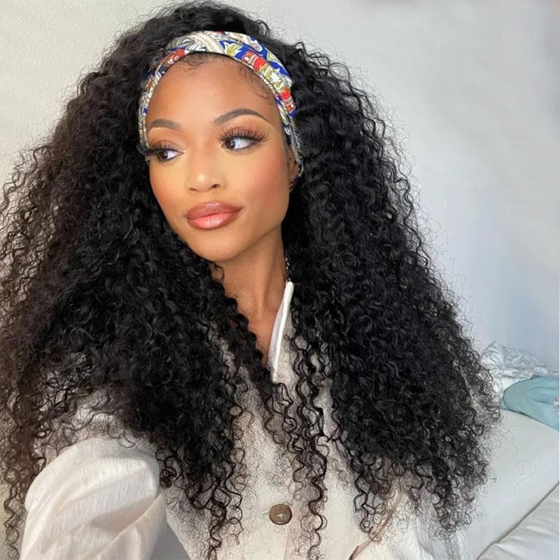 200 Density Deep Wave Headband Wig Human Hair 26 Inch Curly Half Wig Human Hair None Lace Front Wigs for Black Women Natural Color, 100% Human Hair, No Shedding
