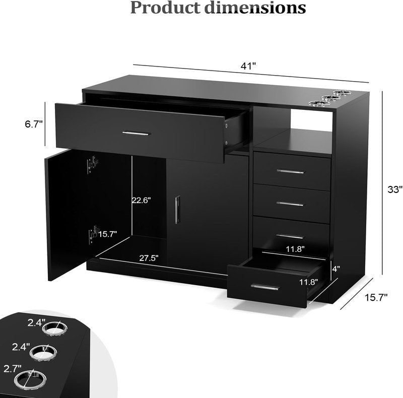 OmySalon Free Standing Salon Station - Barber Styling Cabinet with 5 Drawers & 3 Dryer Holders | Black