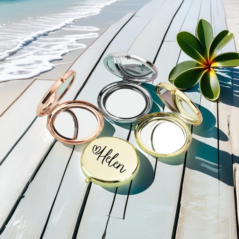 Personalized Compact Travel Mirror with Name and Heart, 2x/1x Magnifying Portable Mirror, Small Cosmetic Makeup Mirror Gift for Bridesmaid, Maid of Honor, Mom