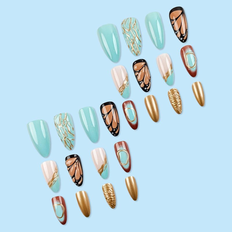 French Tip Press on Nails Medium Almond Fake Nails with 3D Butterfly Lines Designs Green Nails Press ons Gold Acrylic Nails for Women 24Pcs