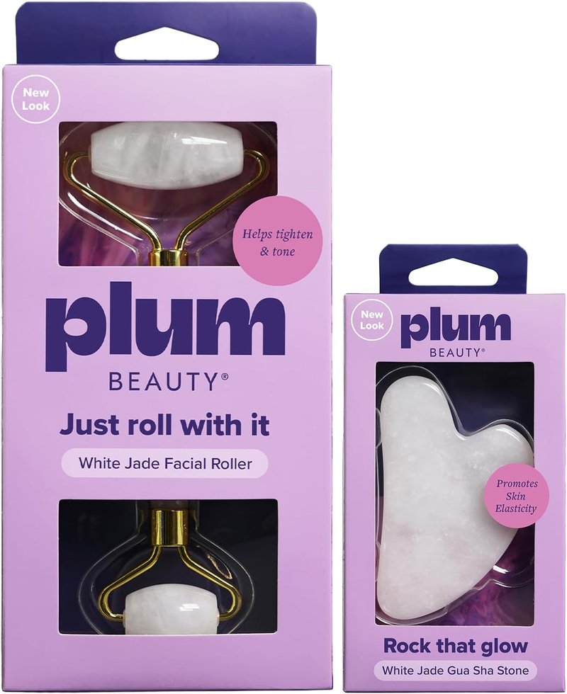 Plum Beauty Gua Sha Stone & Facial Roller - White Jade Face Massager Set for Lymphatic Drainage & Tension Relief