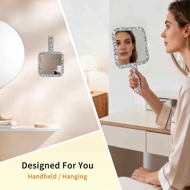 Famihomii Dual-Sided Hand Mirror, Handheld Mirror with 1X/7X Magnification, Hand Mirror with Handle, 10.0" x 6.1", Lightweight & Durable, Portable & Hangable for Makeup, Shaving - Chorme