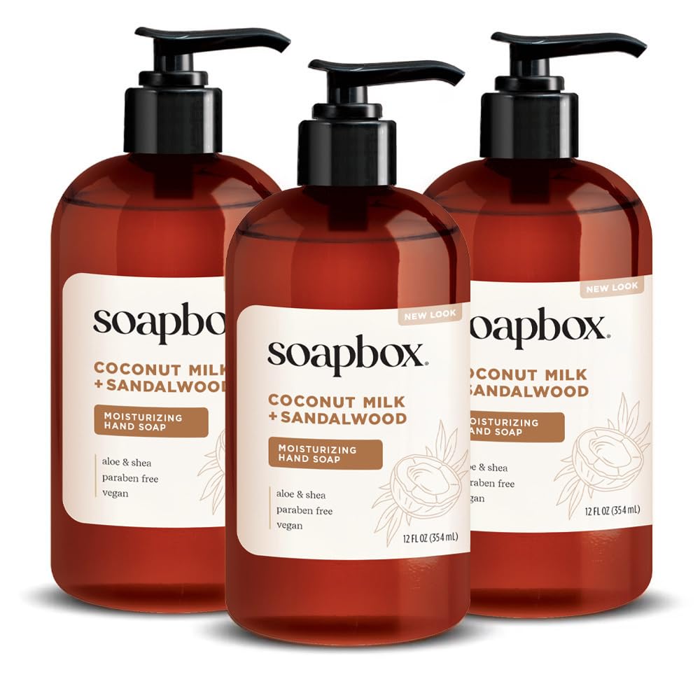 Soapbox Coconut Milk & Sandalwood Liquid Hand Soap, Moisturizing Hand Wash - Gentle Cleanser for Hands - Clean Ingredients Free of Harsh Chemicals, Sulfates, Parabens & Silicones - 3 Pack