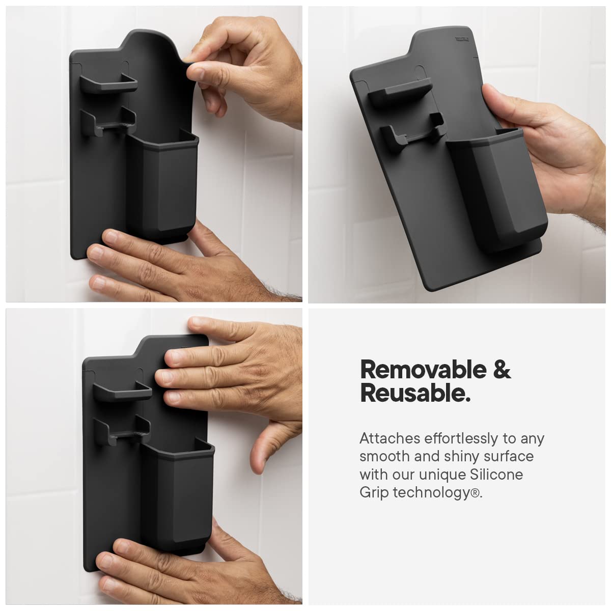 TOOLETRIES The Harvey & Oliver Set, Silicone Wall Mounted Bath & Shower Organizer with Clear-View Shatterproof Grooming & Shaving Mirror, Easy Installation, Removable & Reusable - Charcoal