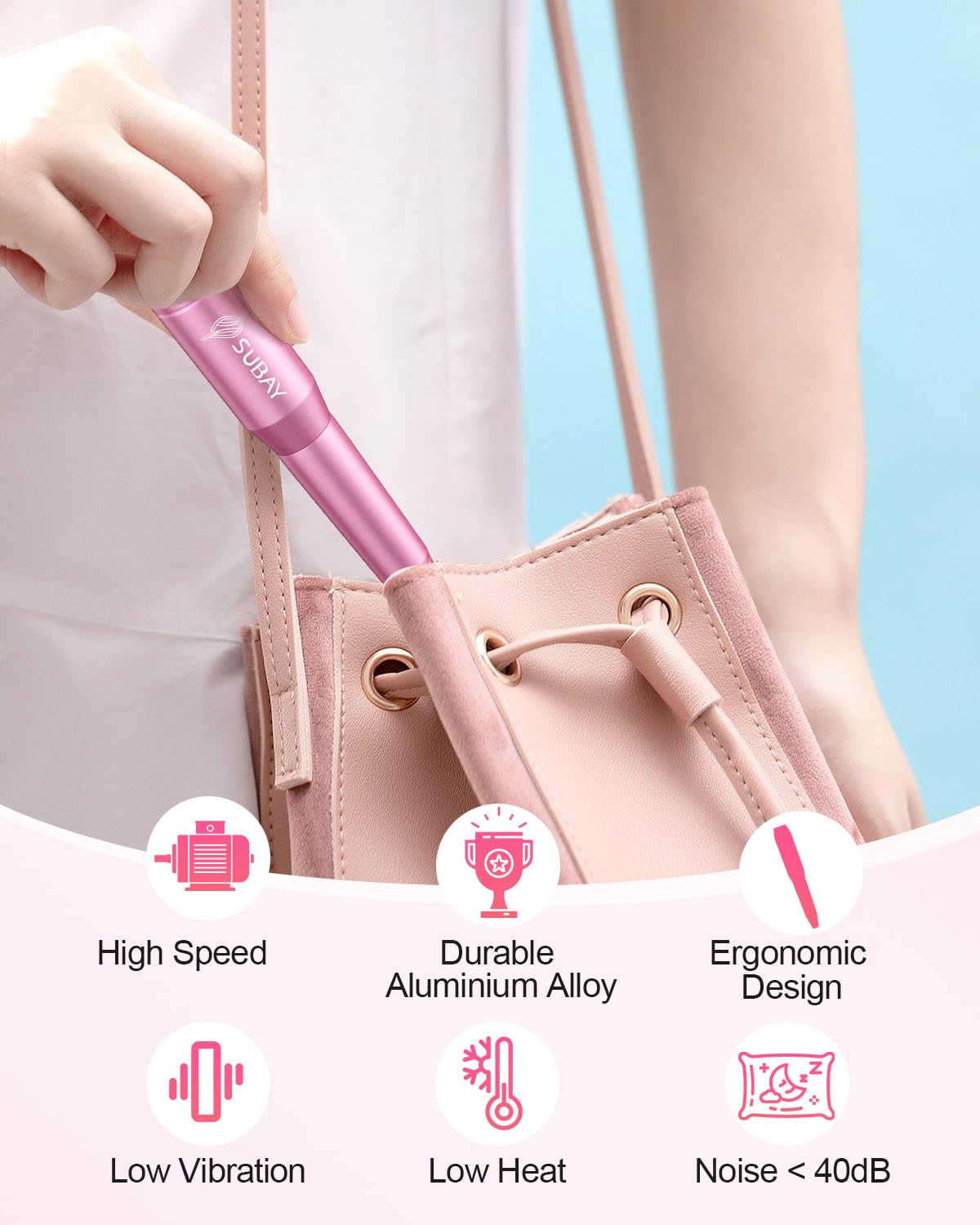Subay Electric Nail Drill, Portable Electric Nail File for Acrylic Gel Nails, Manicure Pedicure Tool with 6 Bits and 26 Sanding Bands for Home and Salon Use - Pink