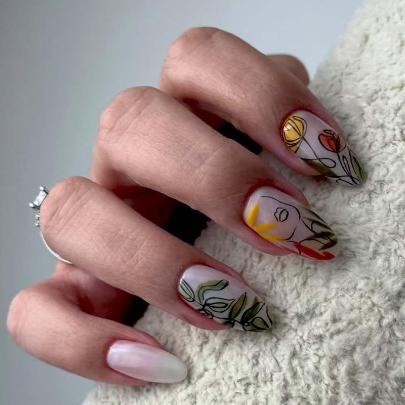 24 Pcs French Tip Press on Nails Short Almond Spring Butterfly Fake Nails Press ons Nail