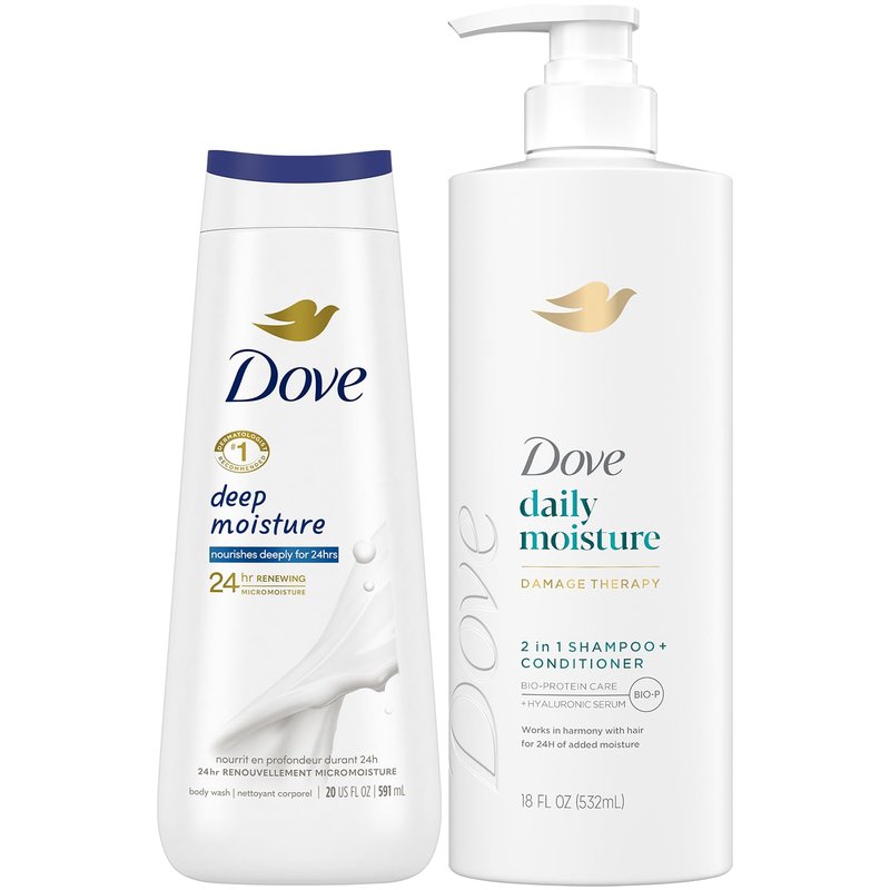 Dove 2-in-1 Shampoo & Conditioner, Daily Moisture Body Wash – Deep Hydration for Revitalizing Dry Hair and Skin (2 Piece Set)