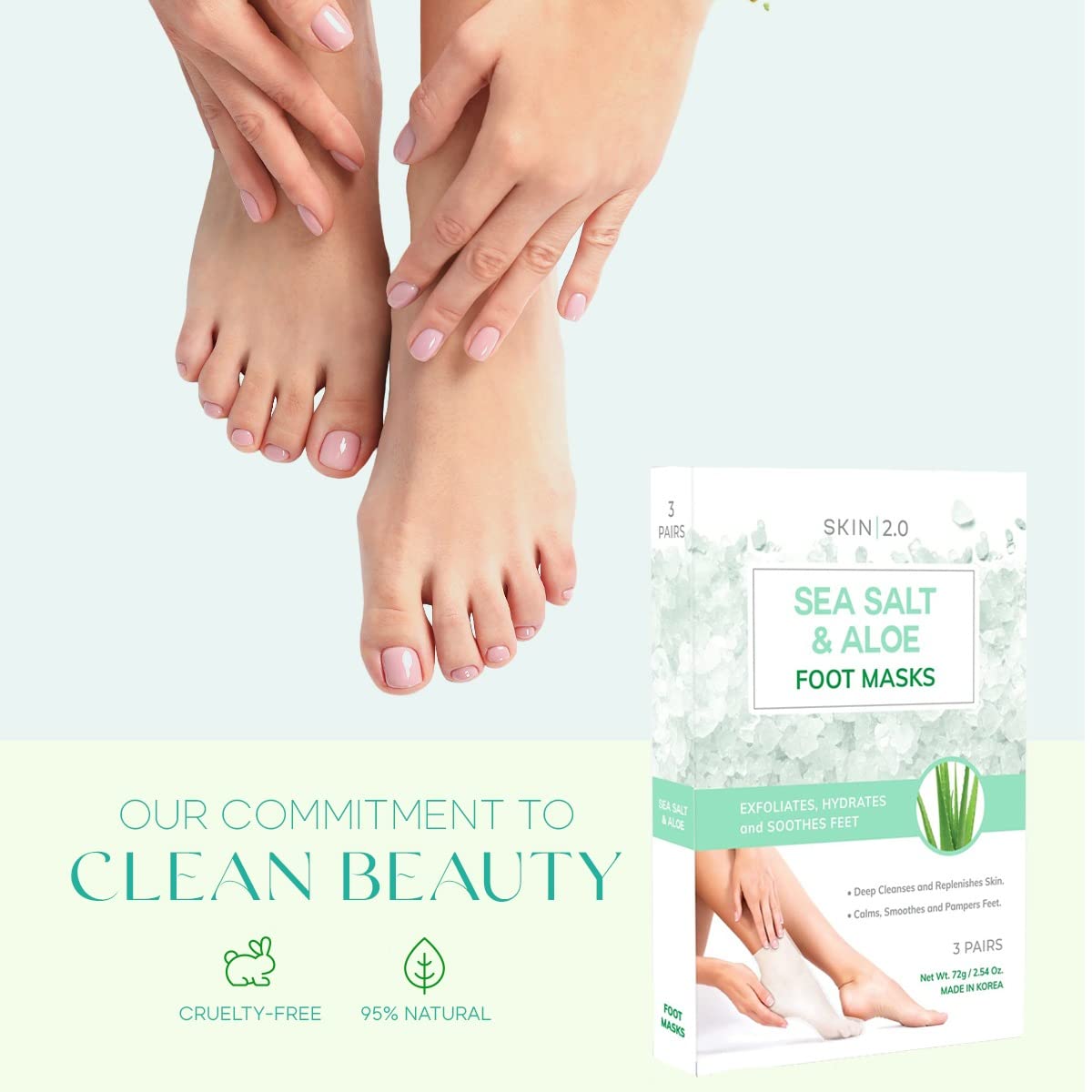 Skin 2.0 Sea Salt & Aloe Foot Masks - Cracked Heel Treatment, Soothing & Hydrating, Exfoliating Foot Mask - Dermatologist Tested Korean Skincare - Clean Beauty, Cruelty-Free, All Skin Types - 3 Pairs