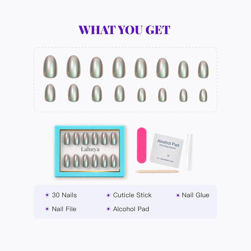 Press On Nails - Aurora Pearl | Iridescent Chrome Short Oval Fake Nails | 30 Nail Kit with Glue, 15 Sizes Available