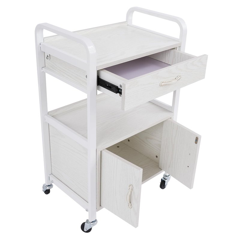 Beauty Salon Utility Trolley Cart for Hair Stylist, Wooden Rolling Storage Cabinet on Wheels, 2-Tier Rolling Medical Stations Cart with Drawers Movable Beauty Organizer (White)