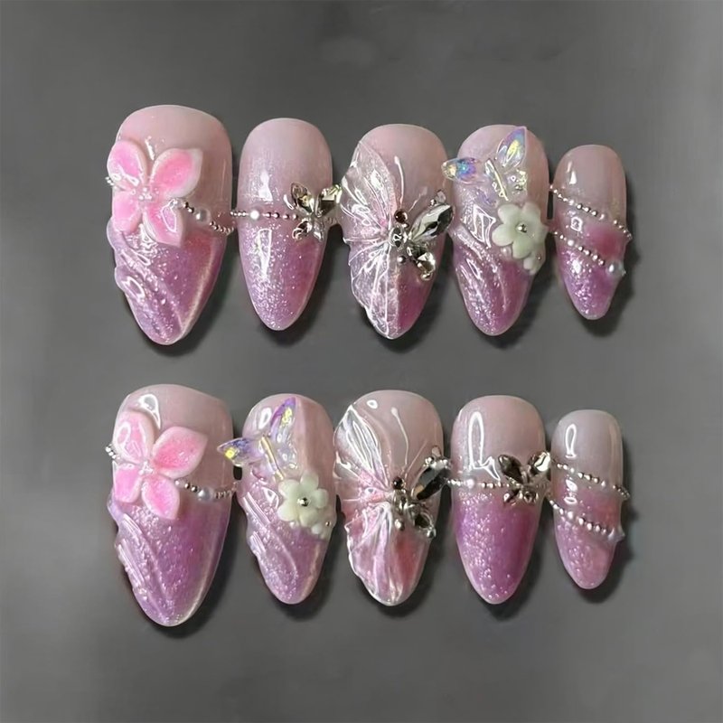 Gradient Purple Press-On Nails - Medium Almond French Tip with Glitter & 3D Pearl Gems | 30 Pcs Acrylic Set for Women