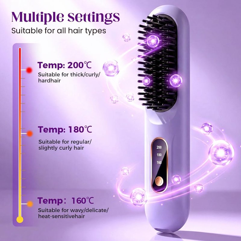 Portable Straightener Brush for Short Hair, 2026 Upgraded Cordless Straightening Brush with 30s Fast Heat, 3 Temperature Setting, Ionic Ceramic Care, USB-C Rechargeable for Frizz Free Styling (Purple)