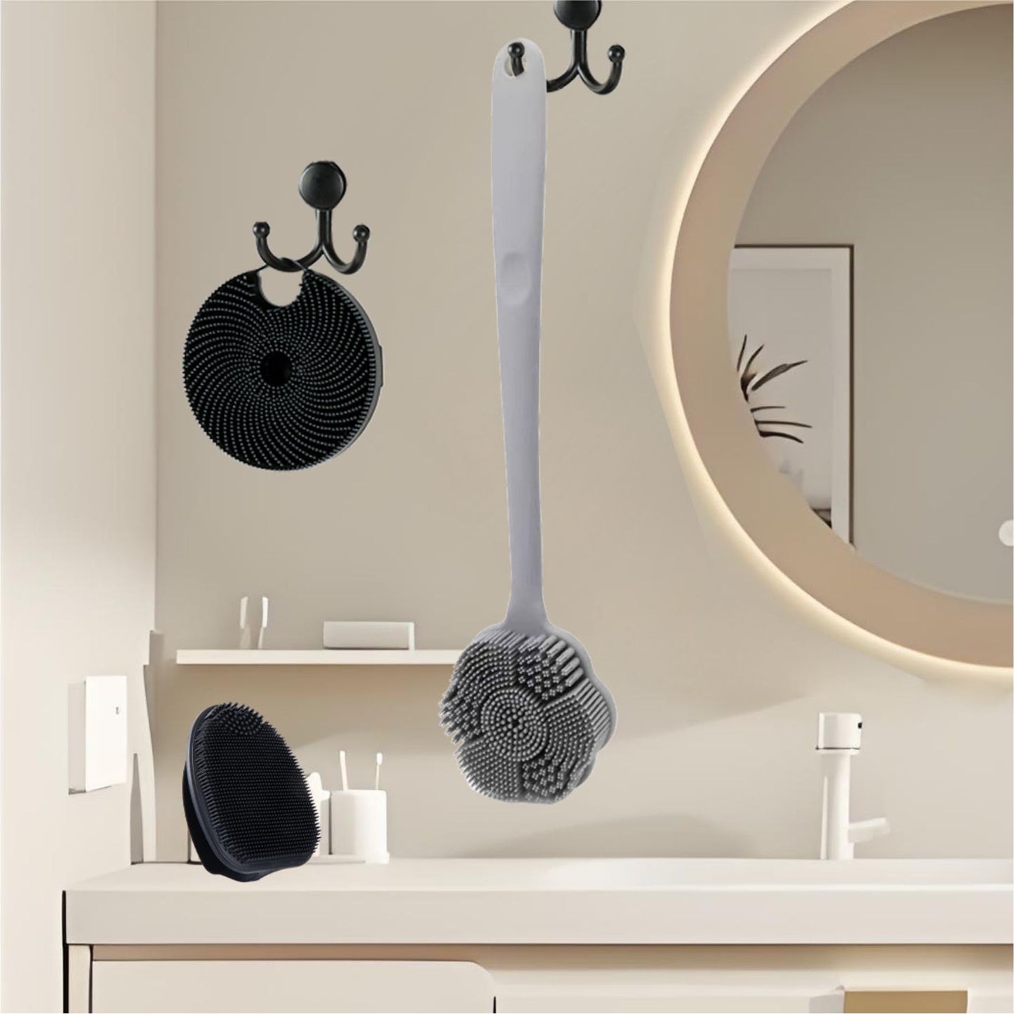 Back Body Scrubber & Face Scrubber for Shower - 15 Inch Long Handle Double Sided Silicone Body Brush for Exfoliation & Massage, Soft Facial Cleansing Brush, Rich Lathering for Deep Cleansing (Gray)