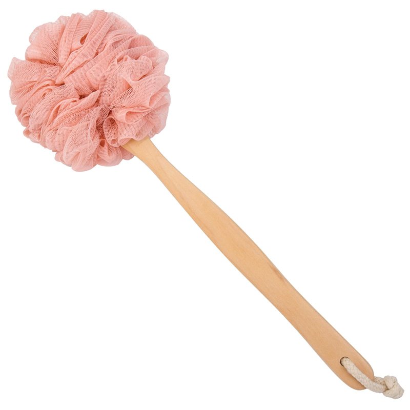 Arswin Loofah Back Scrubber for Shower, Wooden Long Handle Bath Sponge Lufa Shower Brush, Soft Nylon Mesh Back Cleaner Washer, Women & Men Exfoliating Luffa Pouf on a Stick for Body (Pink)