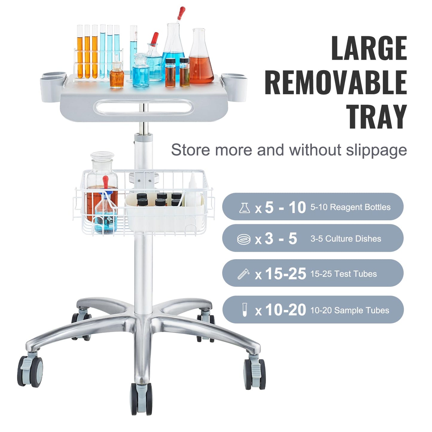 VEVOR Medical Trolley with Wheels - Height Adjustable Gas Lift, Stainless Steel Rolling Laptop Cart with Storage Basket, 19"×17" Large Tabletop,Mobile Metal Scanner Cart for Ultrasound/Dental/EKG/Lab