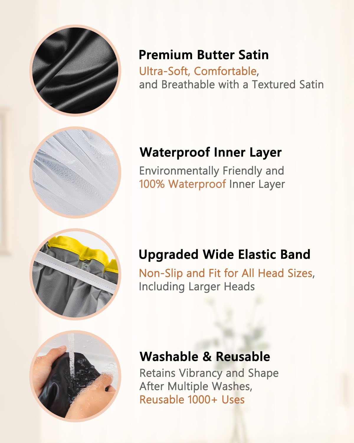 mikimini Extra Large Black Shower Caps Pack of 2 for Women and Men Thick Long Hair Braids, Reusable Waterproof Double Layers XL Bathing Hair Cap with Vibrant Yellow Edge (Black)