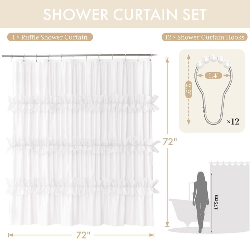 AmazerBath White Ruffle Shower Curtain - Victorian Sheer Ruffled Design | 72x72 Elegant Farmhouse Bathroom Decor